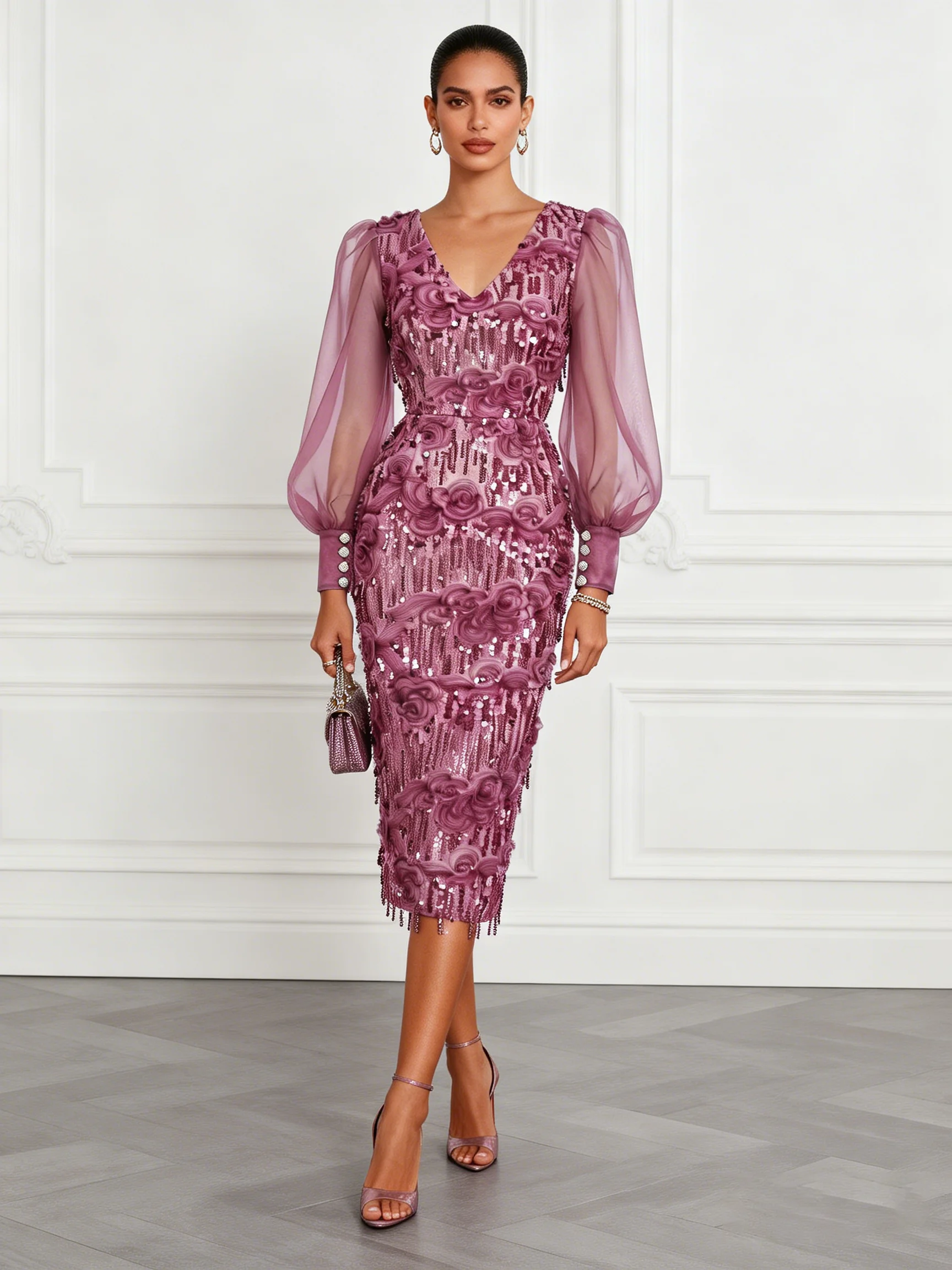Purple 3D Floral Glitter Classic V Neck Long Sleeve Balloon Sleeve Sheath Midi Dress