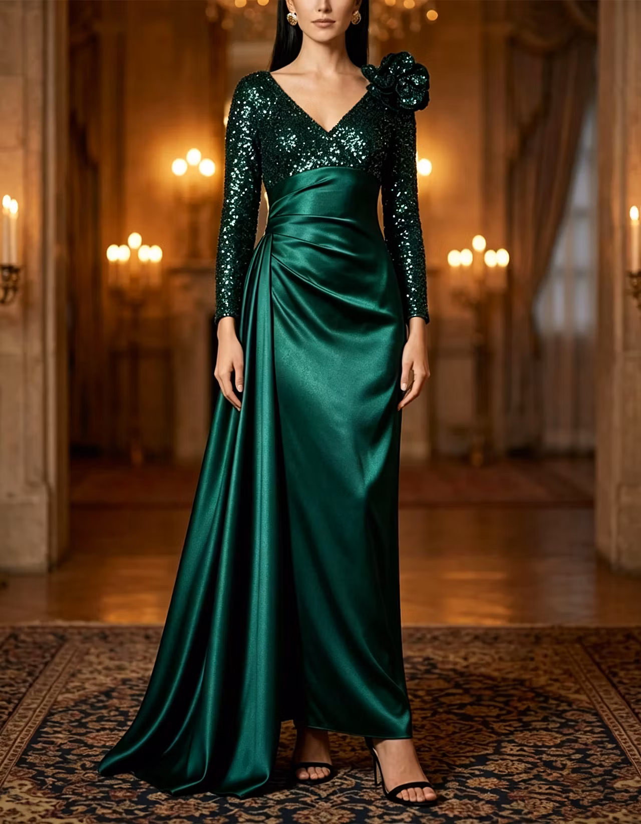 Navy V-Neck Long-Sleeve Sequin-Bodice Satin Maxi Dress