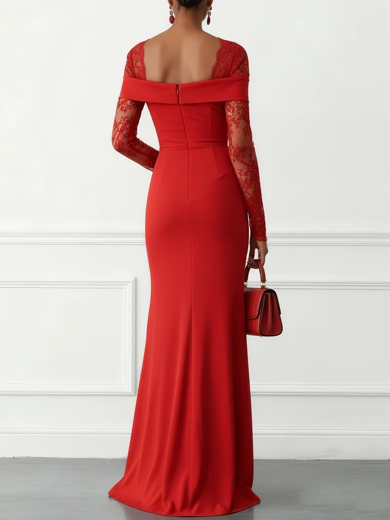 Red Lace Knit Square Neck Long Sleeve Bodycon Maxi Dress
