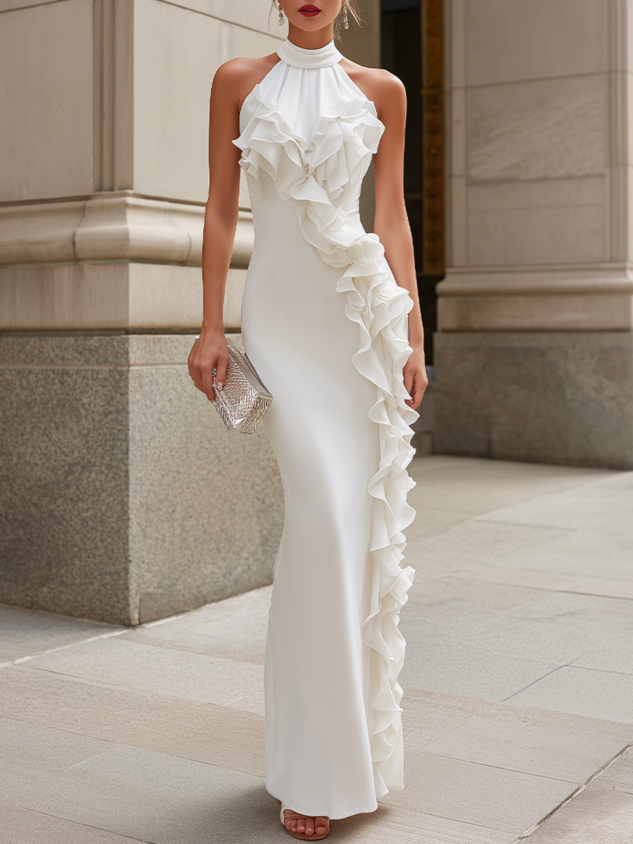 White Halter Neck Ruffle Trim Maxi Dress