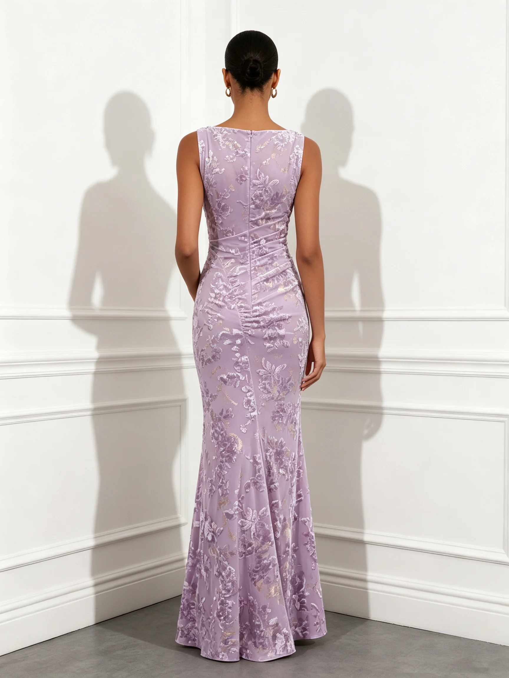 Light Purple Ruched Jacquard Knit Boat Neck Sleeveless Mermaid Floor-length Gown Dress