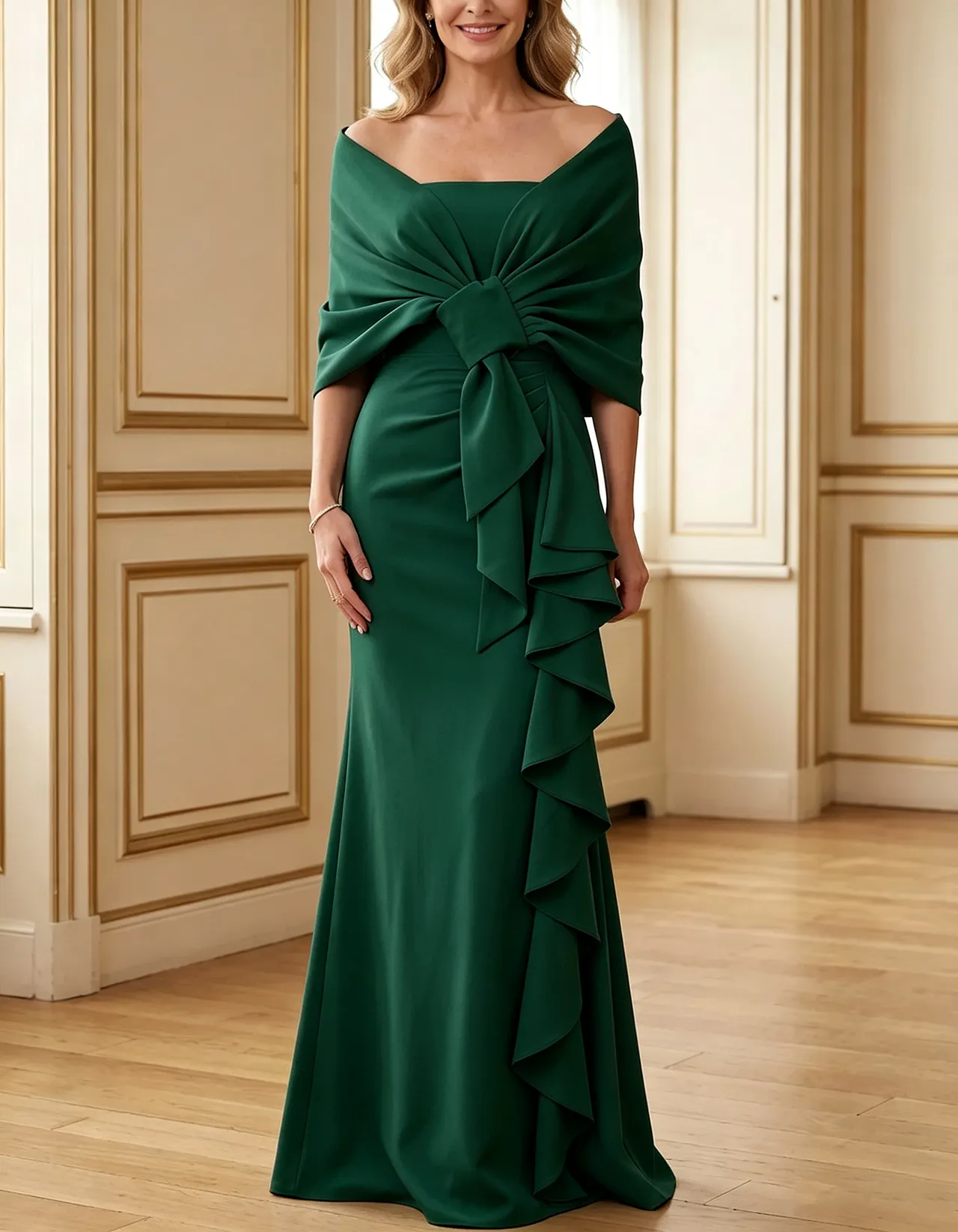 Light Blue Off-the-Shoulder Bow Draped Crepe Mermaid Maxi Dress