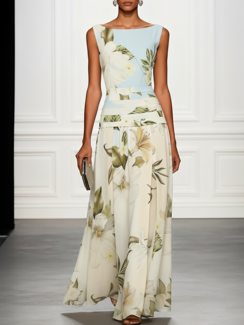 Light Blue Floral Ruched Classic Boat Neck Sleeveless A-Line Maxi Dress