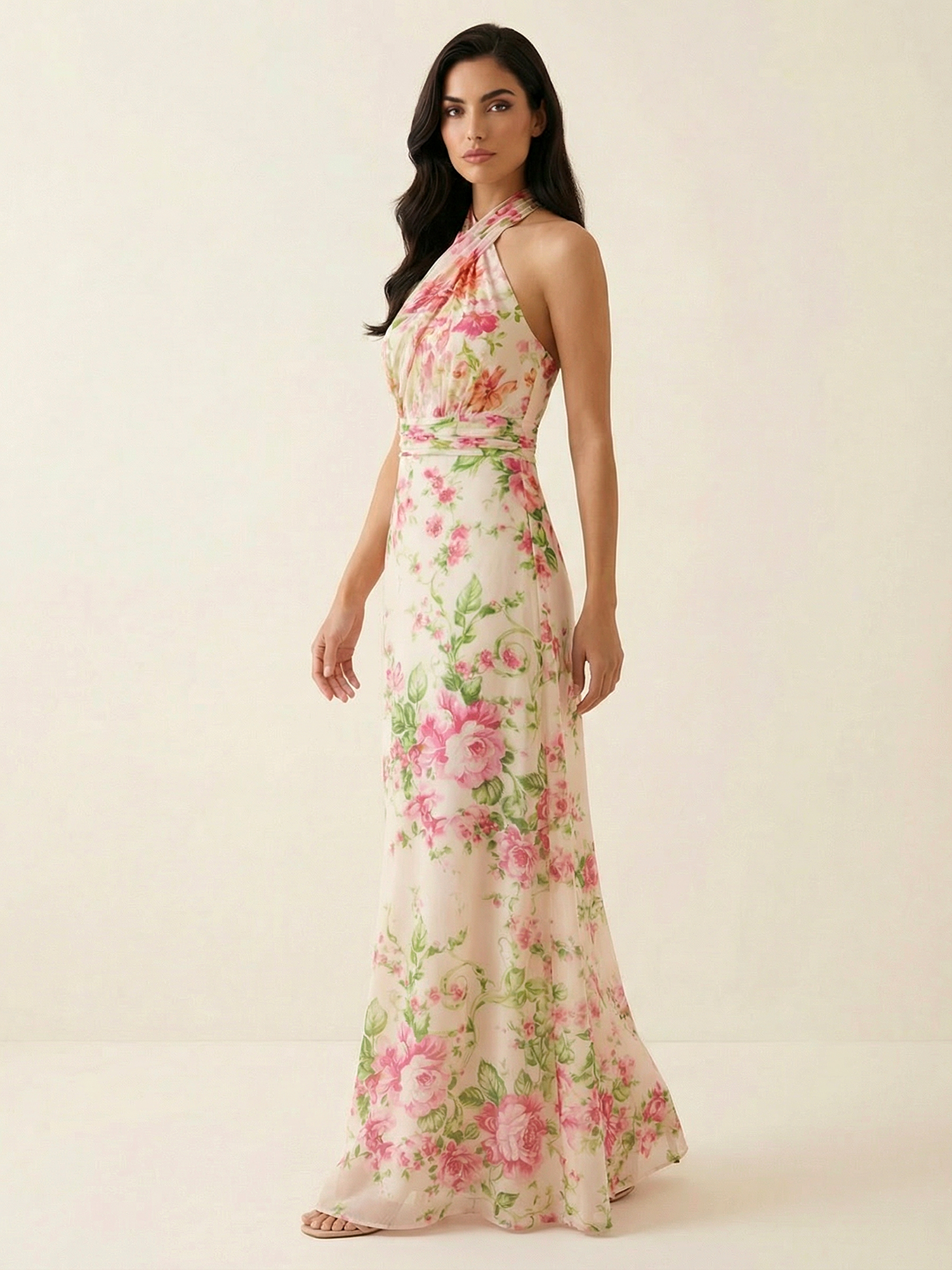 Cream Pink Floral Halter Neck Chiffon Maxi Gown