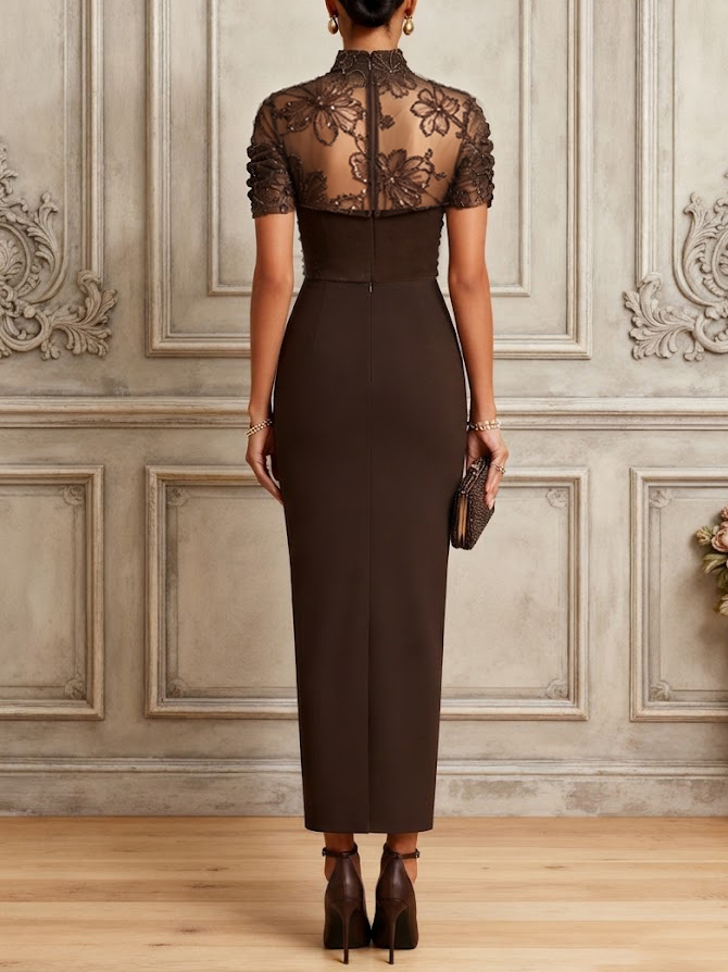 Brown Lace Classic Mock Neck Short Sleeve Sheath Maxi Dress