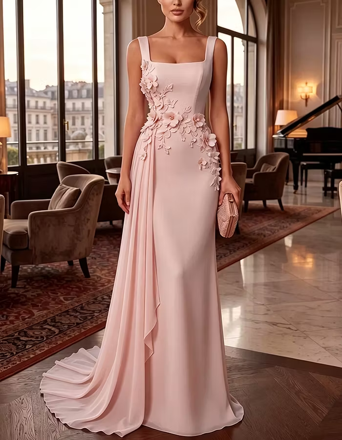 Square Neck Sleeveless 3D Flower Chiffon Maxi Dress