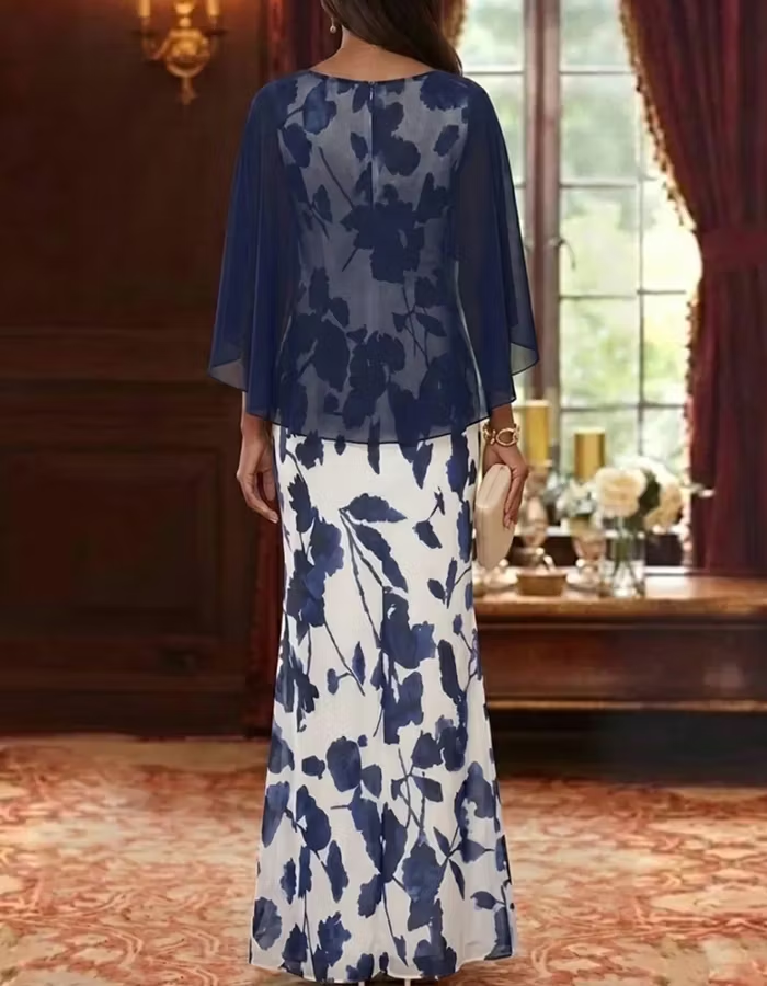 Navy Blue Floral Print Chiffon 3D Flower Maxi Dress