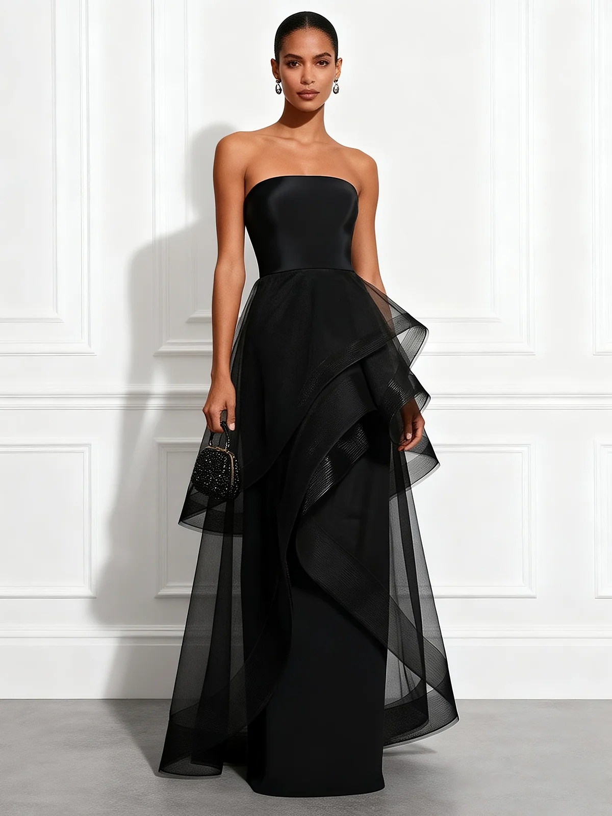 Black Mesh Ruffled Satin Strapless Sleeveless A-Line Floor-length Gown Dress