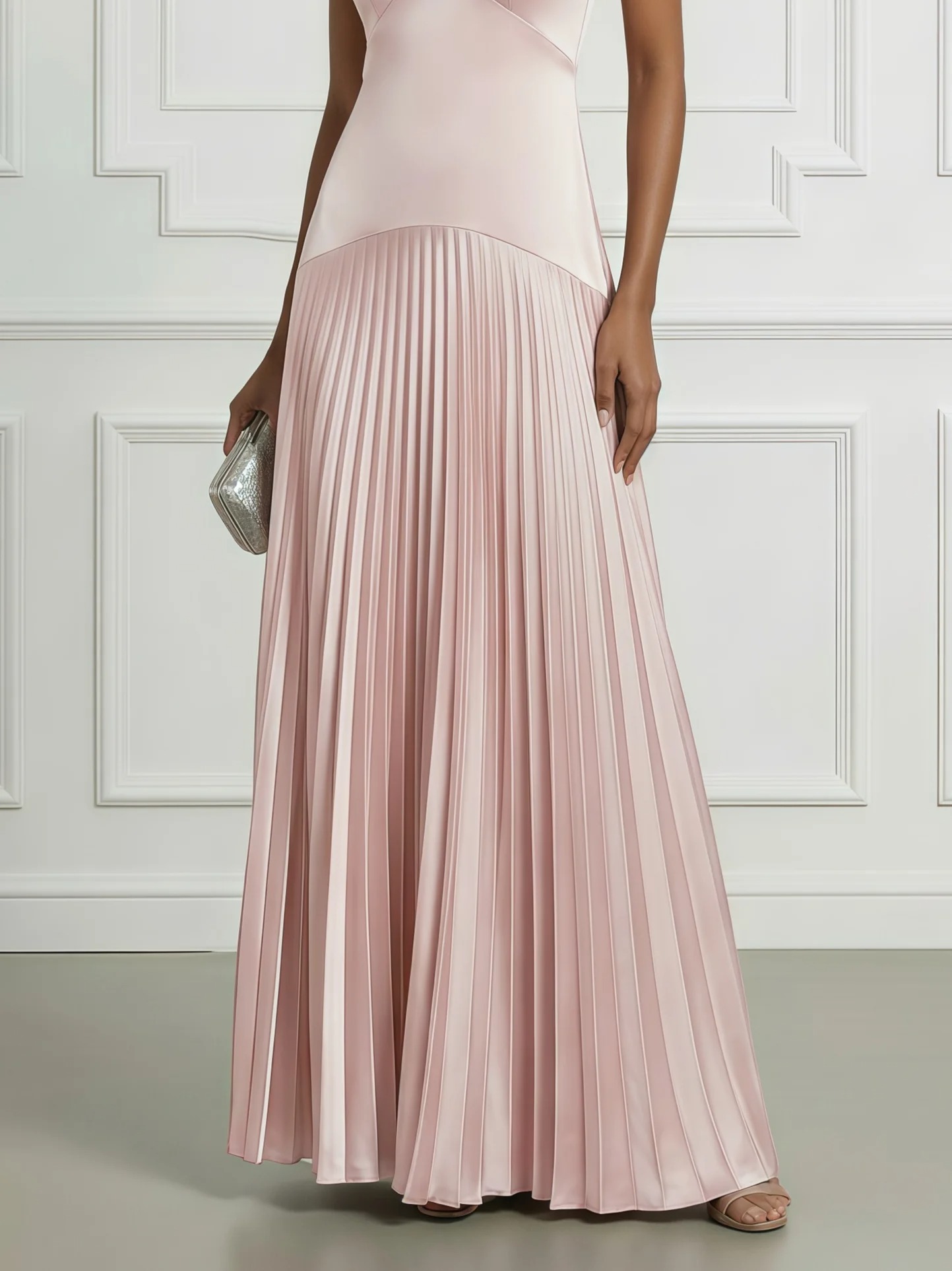 Pink Pleated Satin Sweetheart Neckline Sleeveless A-Line Maxi Dress