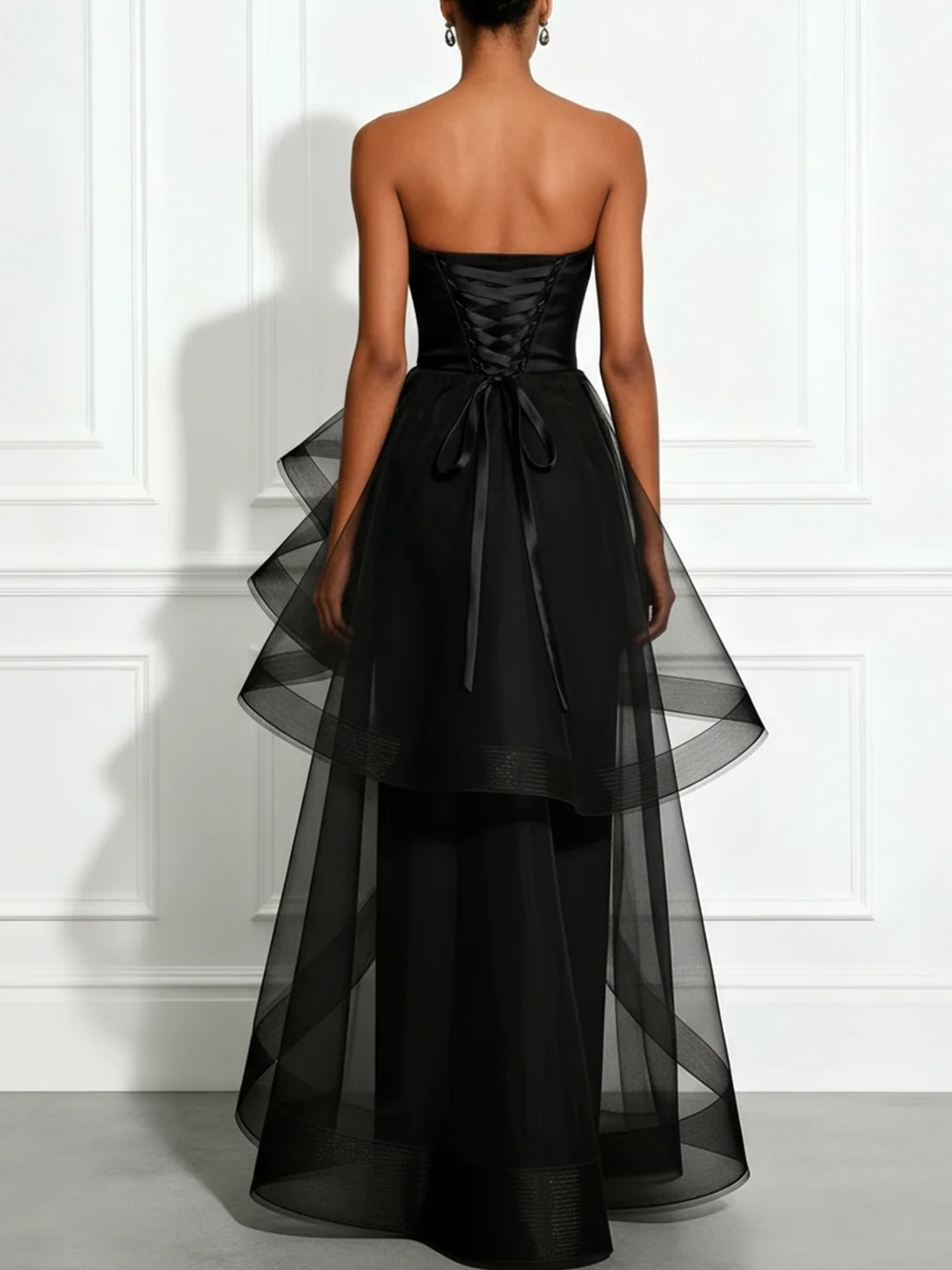Black Mesh Ruffled Satin Strapless Sleeveless A-Line Floor-length Gown Dress
