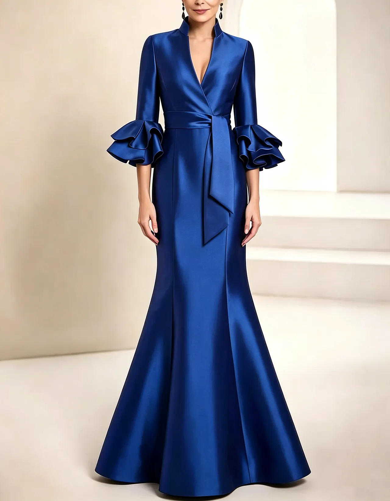 Royal Blue Stand Collar Ruffled Satin Mermaid Maxi Dress