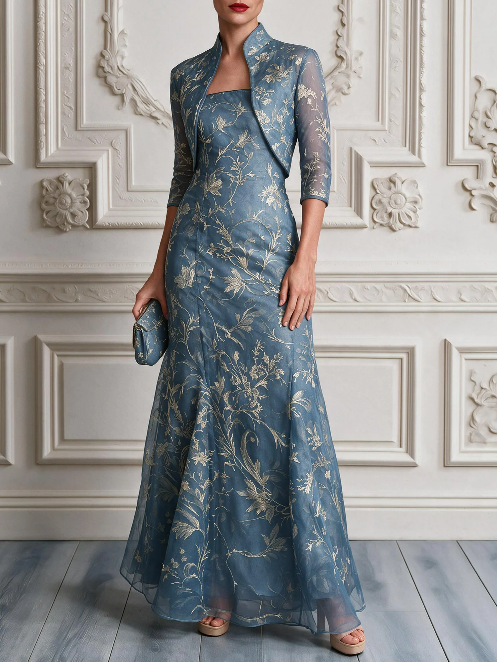 Women Blue Jacquard Mock Neck Long Sleeve Elegant Dress With Coat Two-Piece Set