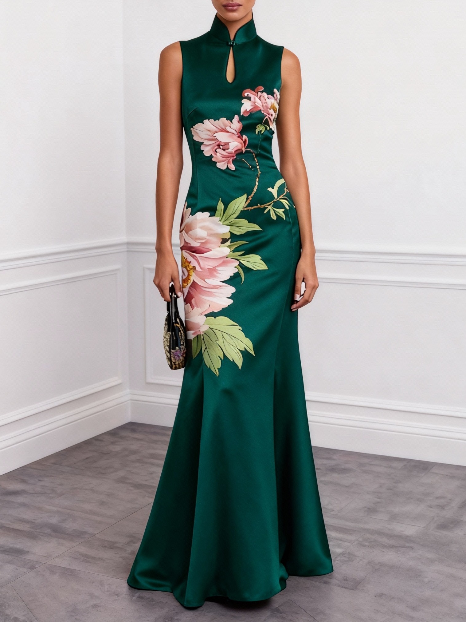 Dark Green Floral Hollow Out Satin Stand Collar Sleeveless Mermaid Gown Dress