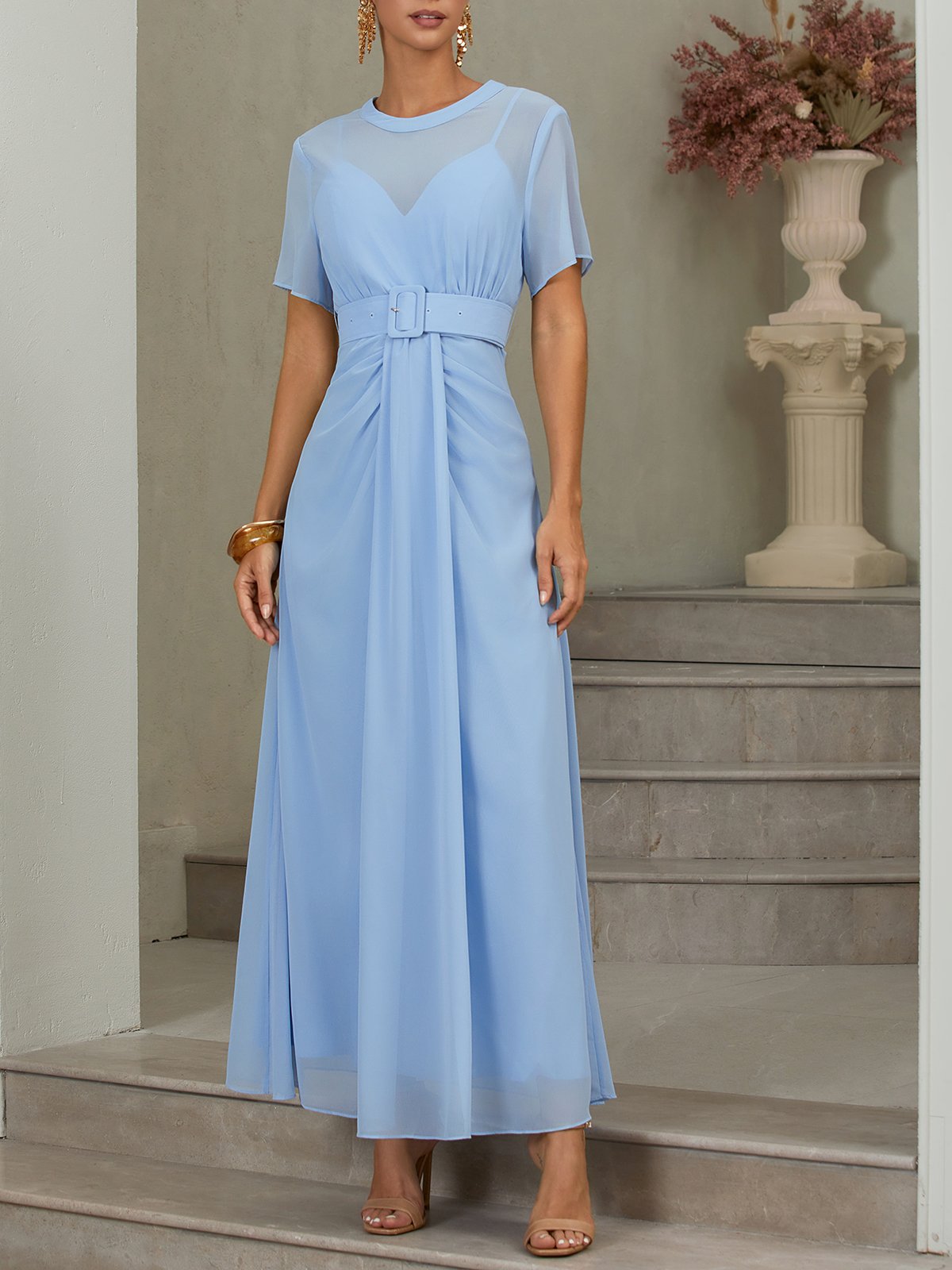 Light Blue Ruched Mesh Chiffon Crew Neck Short Sleeve A-Line Maxi Dress