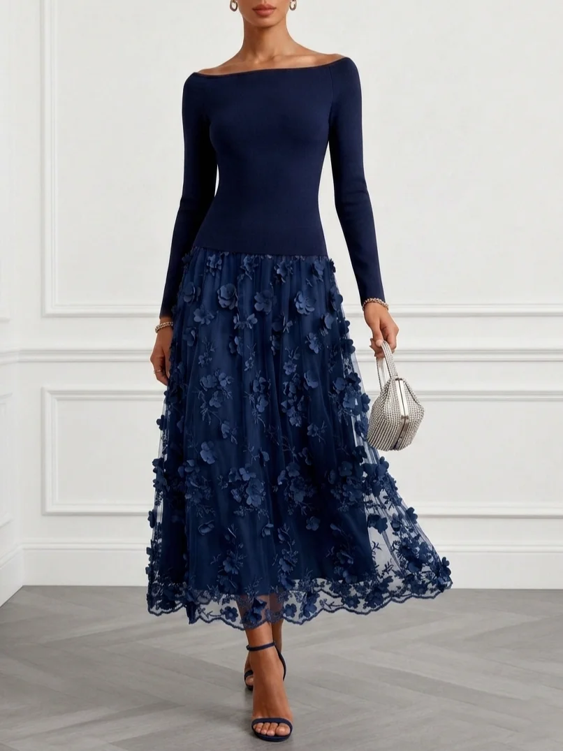Purplish Blue 3D Floral Classic Boat Neck Long Sleeve A-Line Midi Dress