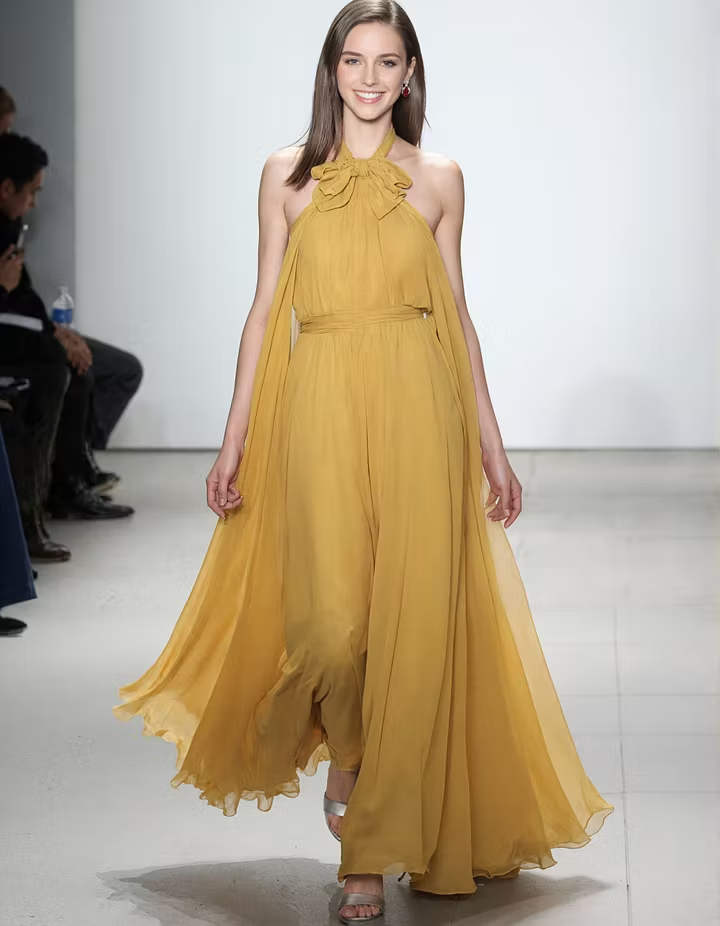 Mustard Yellow Backless Bow Belt Flowing Chiffon Maxi Dress