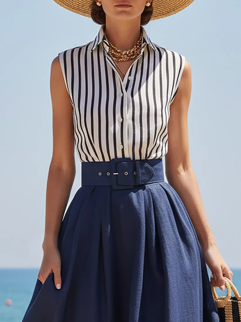Maxi Cotton Set, Sleeveless, Shawl Collar, Striped, Button Design, Vacation, Vintage, Blue