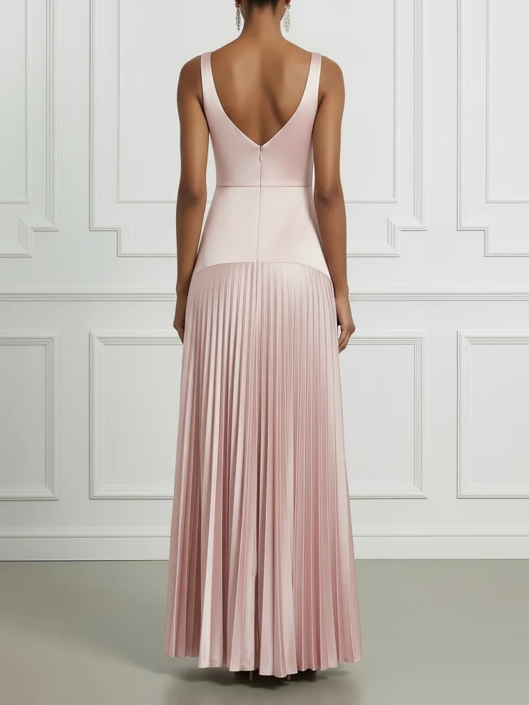 Pink Pleated Satin Sweetheart Neckline Sleeveless A-Line Maxi Dress
