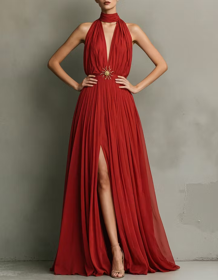 Red Chiffon Deep V Neck Split Maxi Dress（Without Waist Brooch）