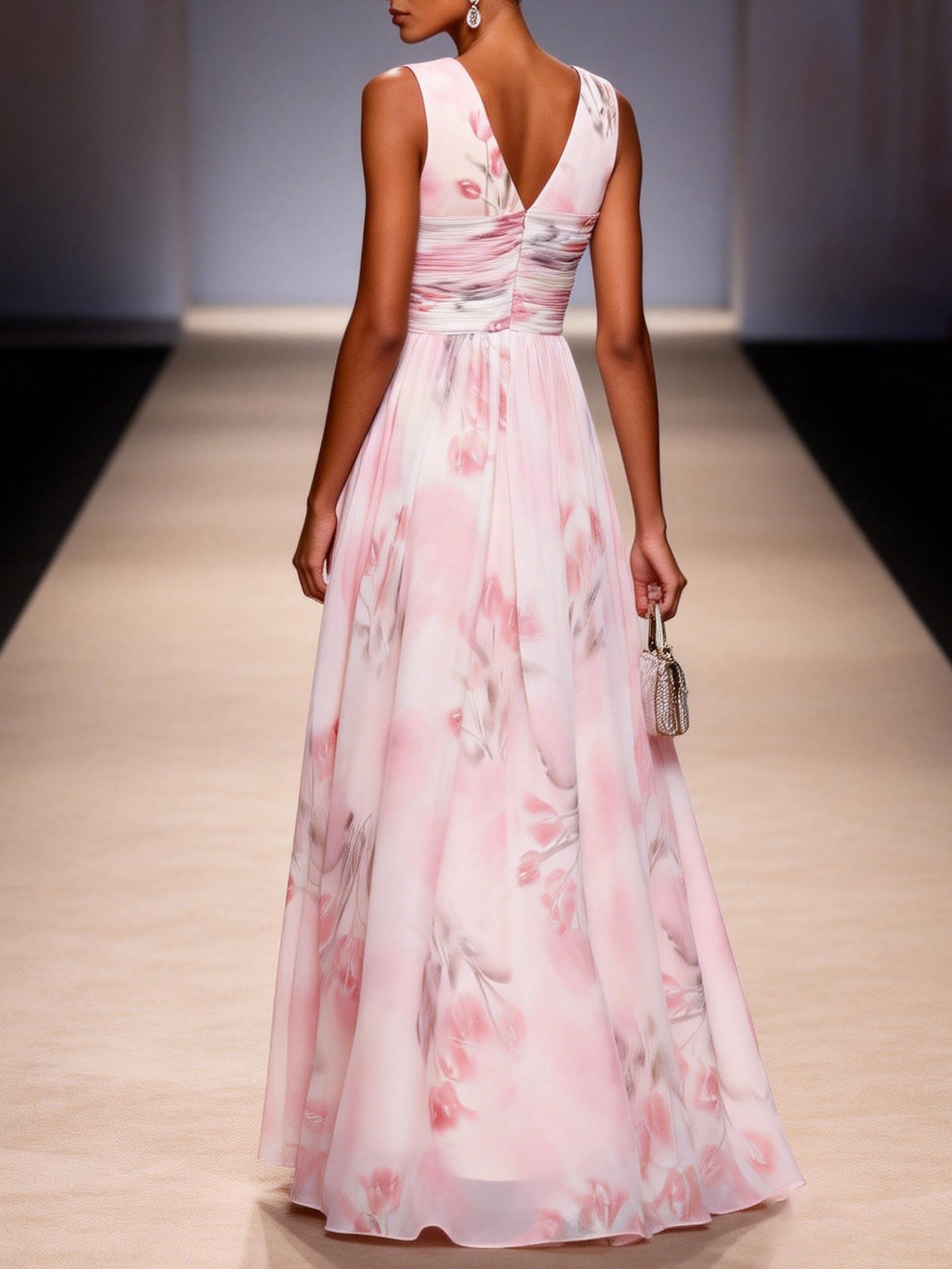 Light Pink Floral Ruched Chiffon V Neck Sleeveless A-Line Floor-length Gown Dress