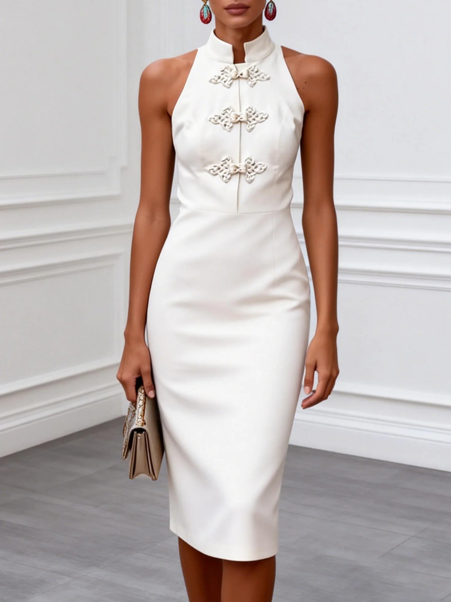 White Buckle Classic Mock Neck Sleeveless Sheath Midi Dress