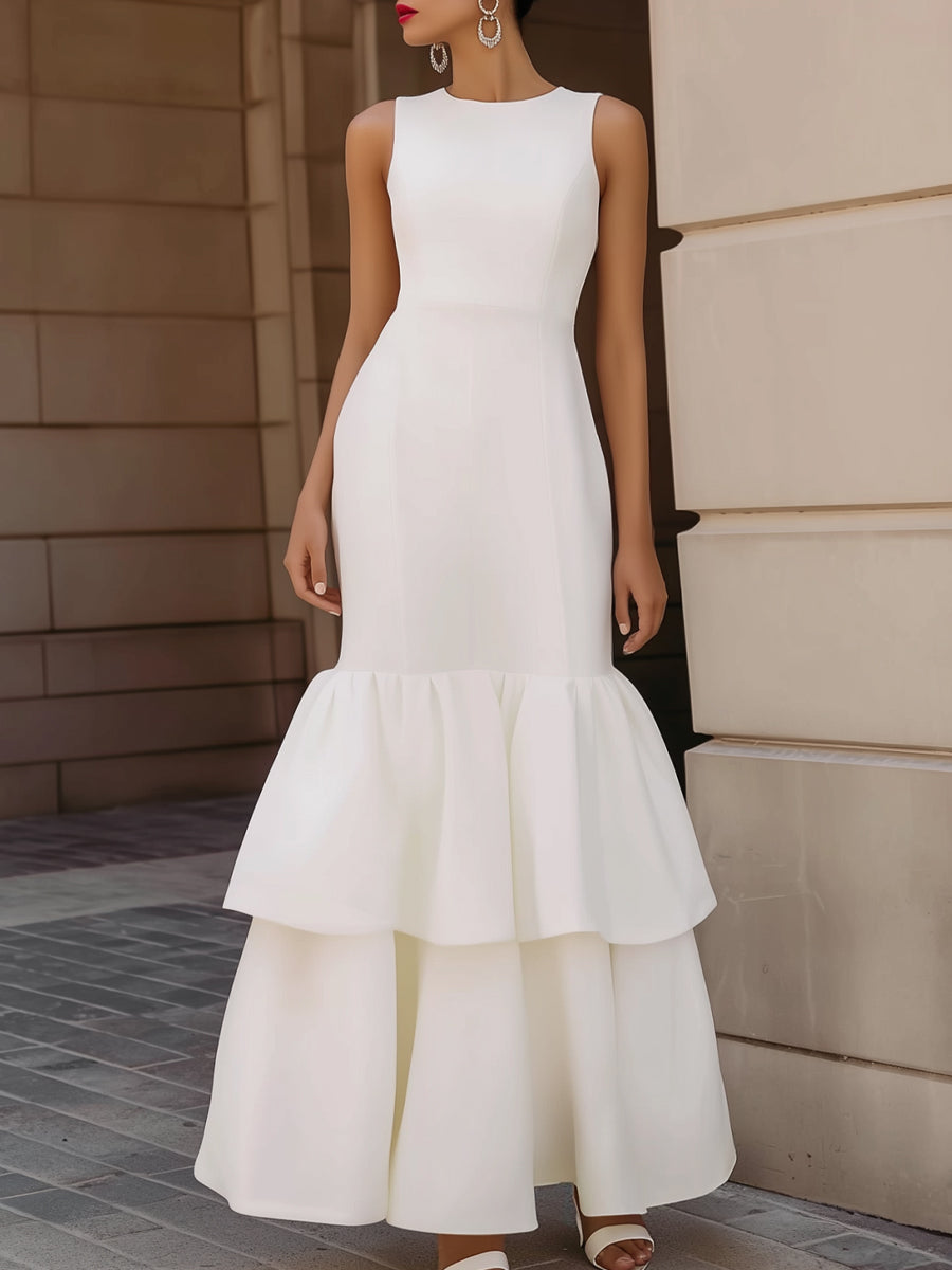 White Sleeveless Tiered Ruffle Hem Maxi Dress