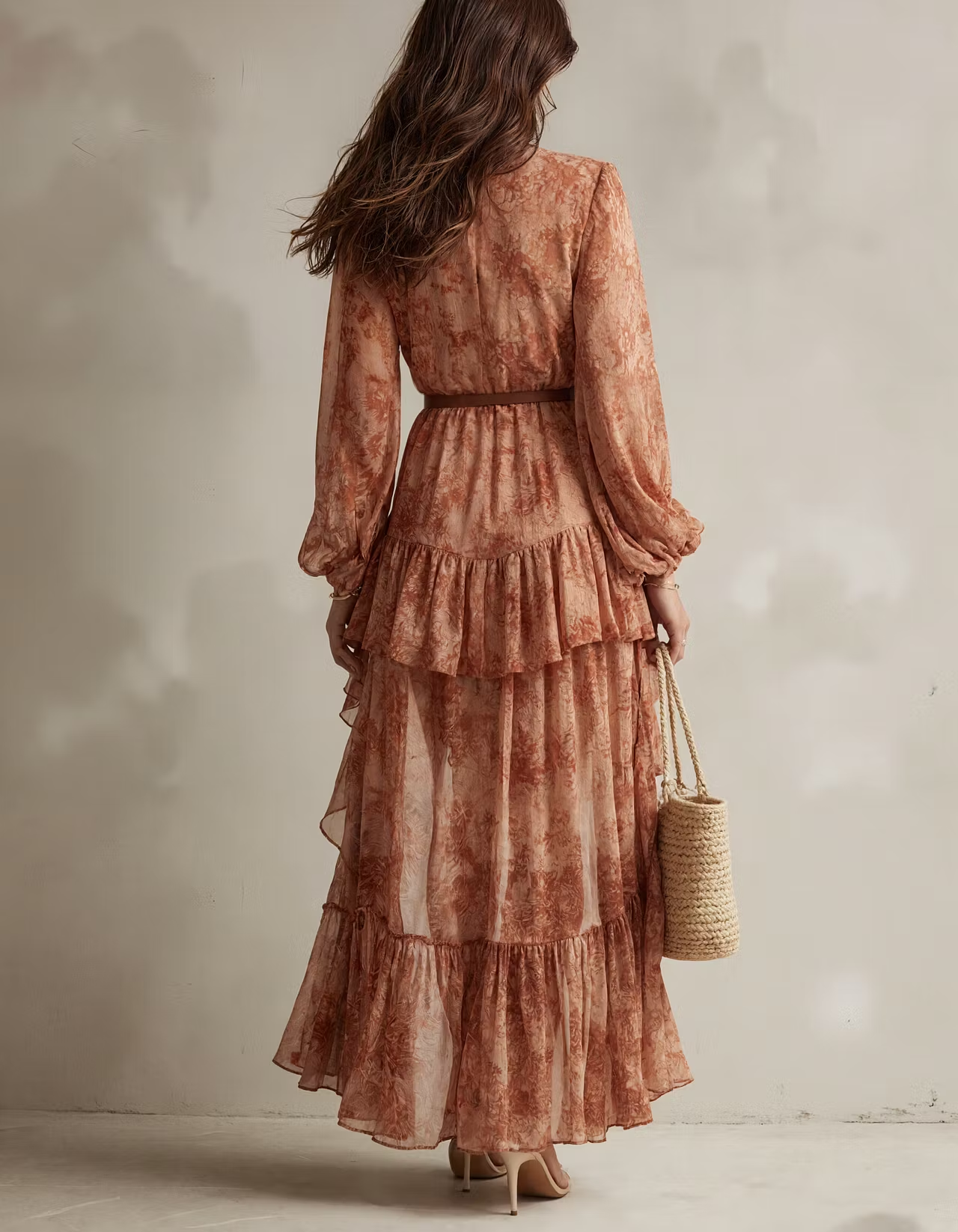 Rust Brown Printed Chiffon V-Neck Puff Sleeve High-Low Ruffle Maxi Dress