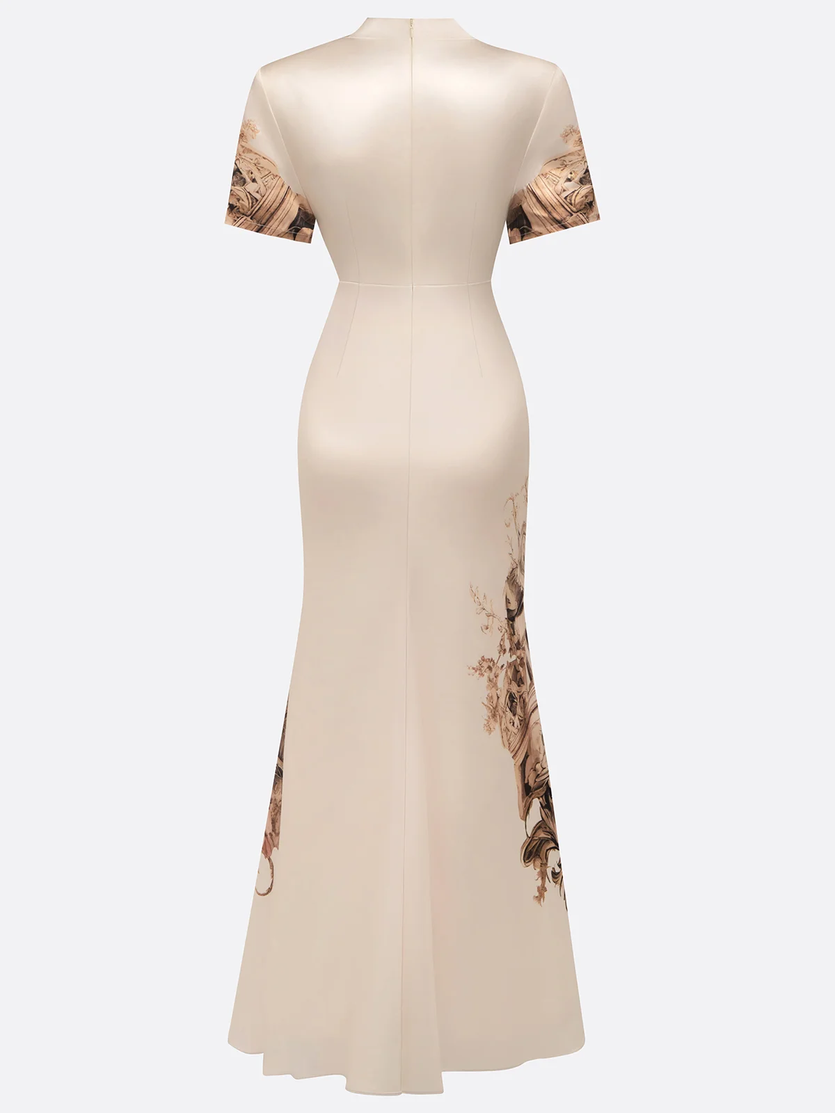 Beige Floral Satin Deep V Neck Short Sleeve Mermaid Maxi Dress