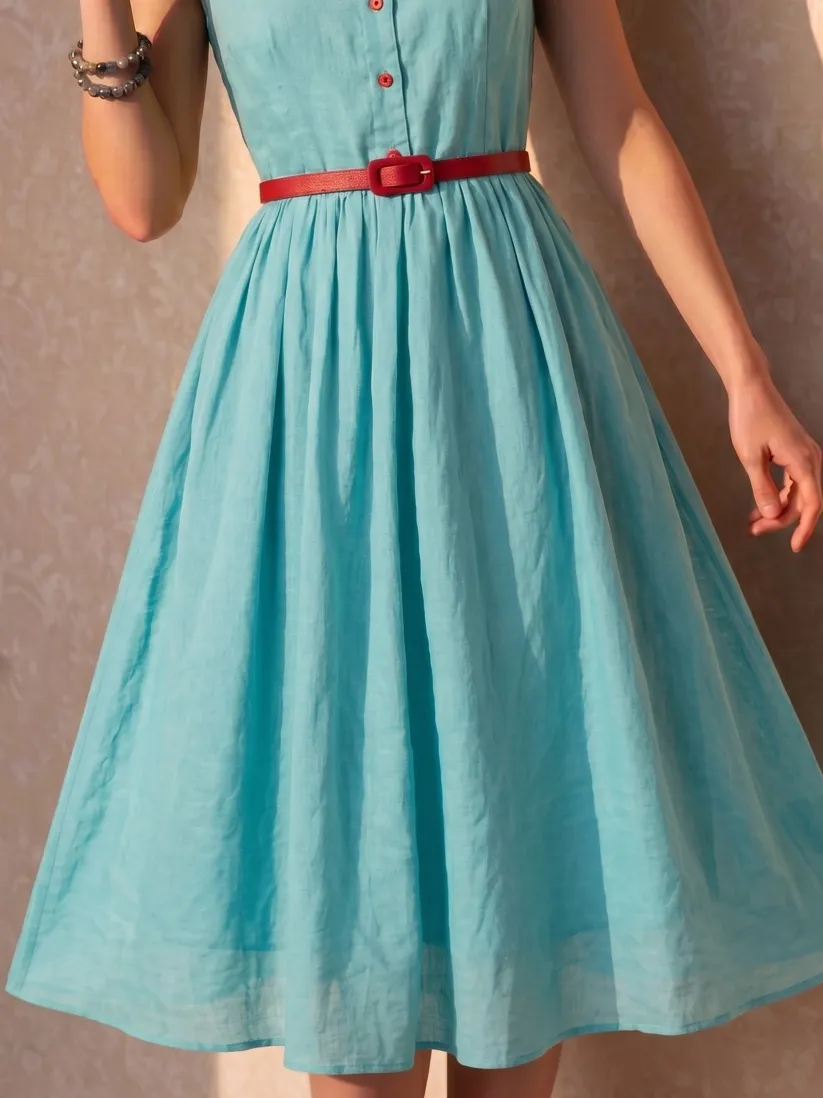 Midi Linen Dress, Sleeveless, Button Design, Vintage, Blue