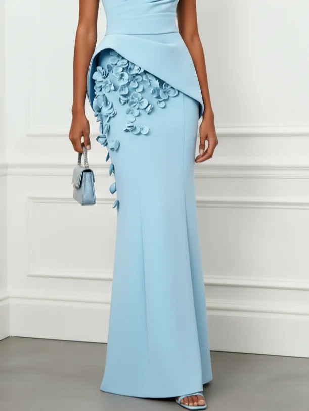 Light Blue 3D Floral Classic Boat Neck Sleeveless Sheath Gown Dress