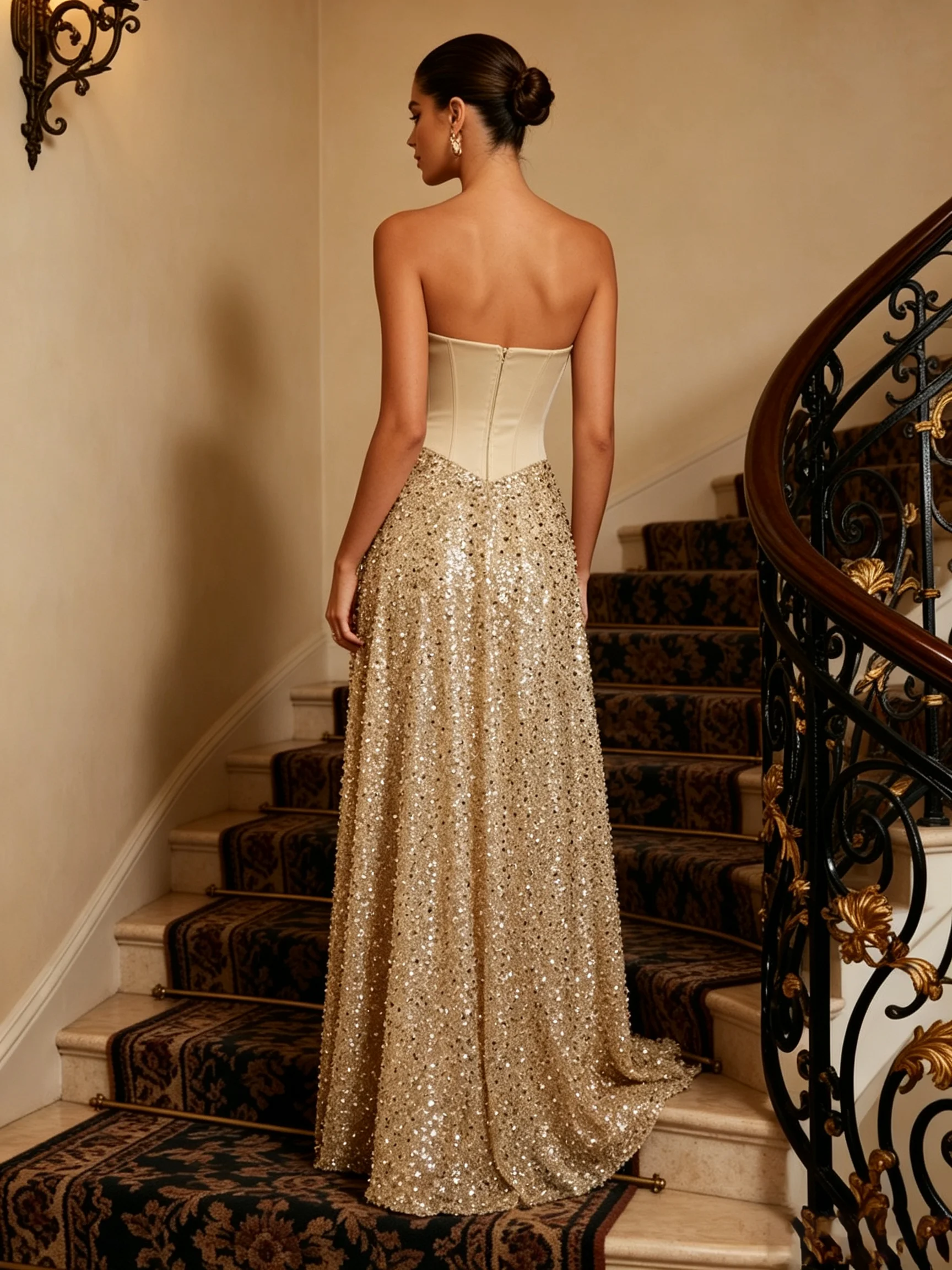 Champagne Sequin Strapless Sleeveless A-Line Gown Dress