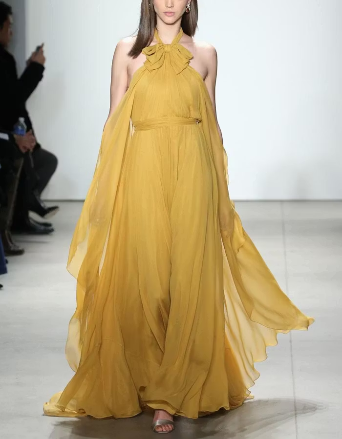 Mustard Yellow Backless Bow Belt Flowing Chiffon Maxi Dress