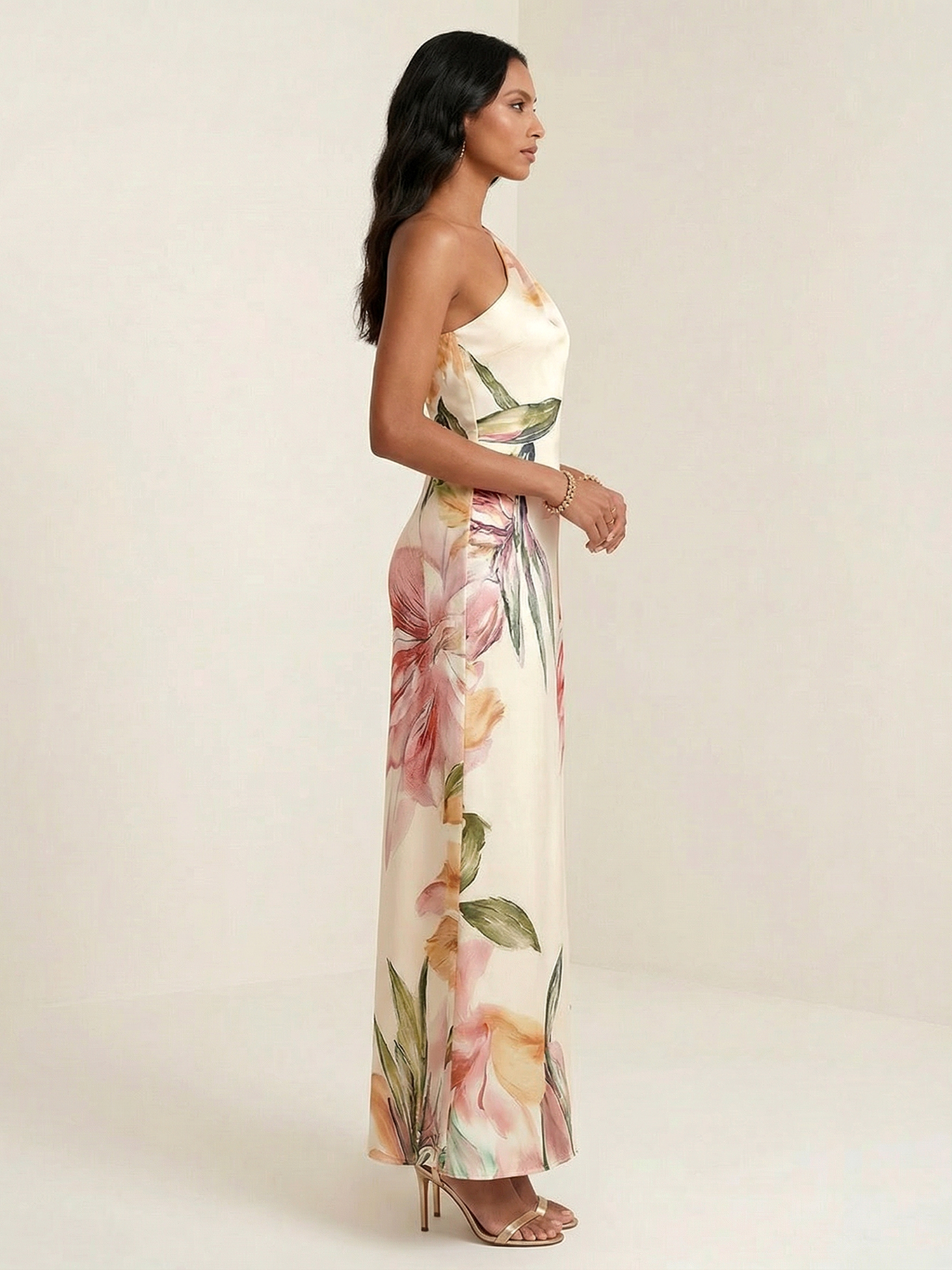 Cream Blush Floral One-Shoulder Satin Maxi Gown
