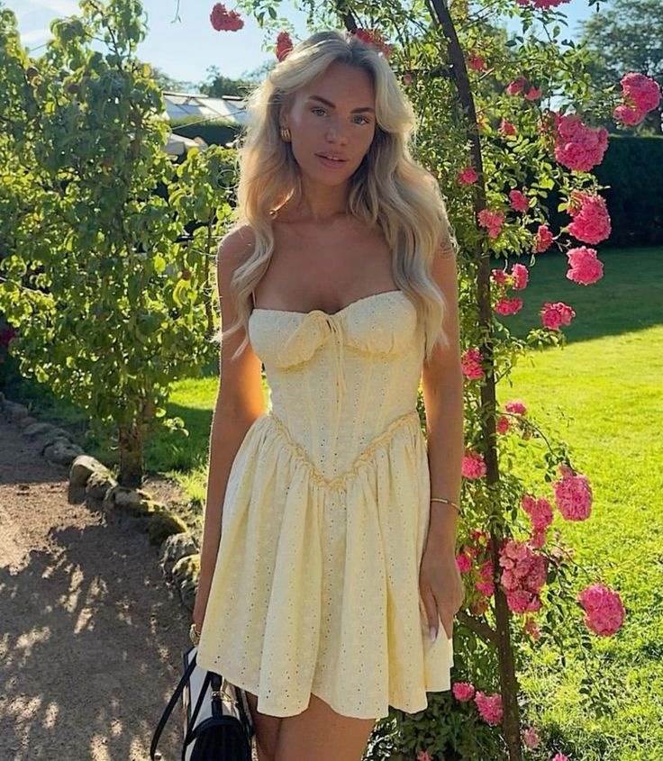Lemon Yellow Strapless Eyelet Corset Mini Dress