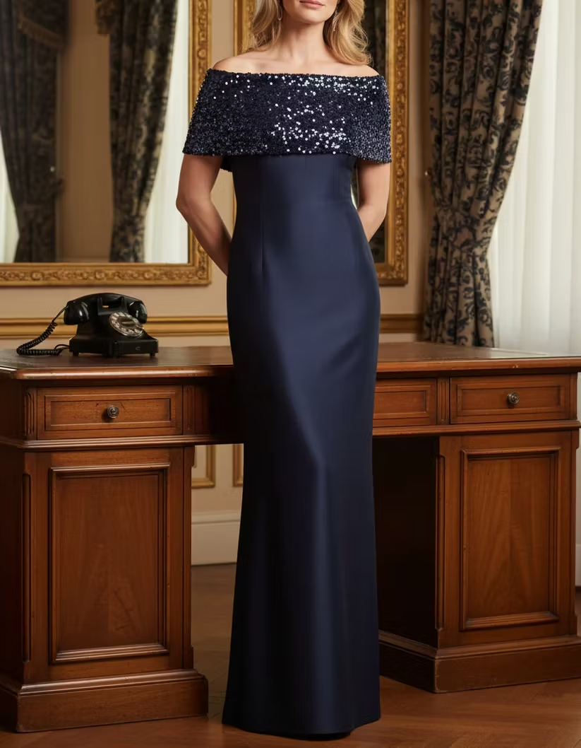 Navy Blue Velvet Sequin Off-Shoulder Satin Fishtail Maxi Dress