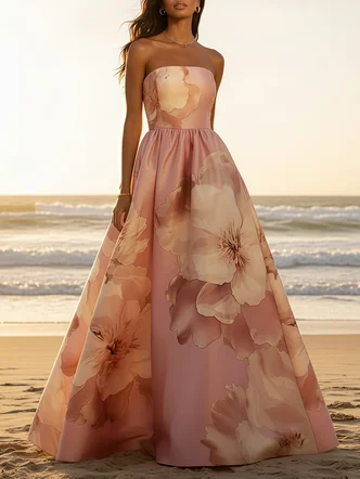 Pink Floral Satin Strapless Sleeveless A-Line Floor-length Gown Dress