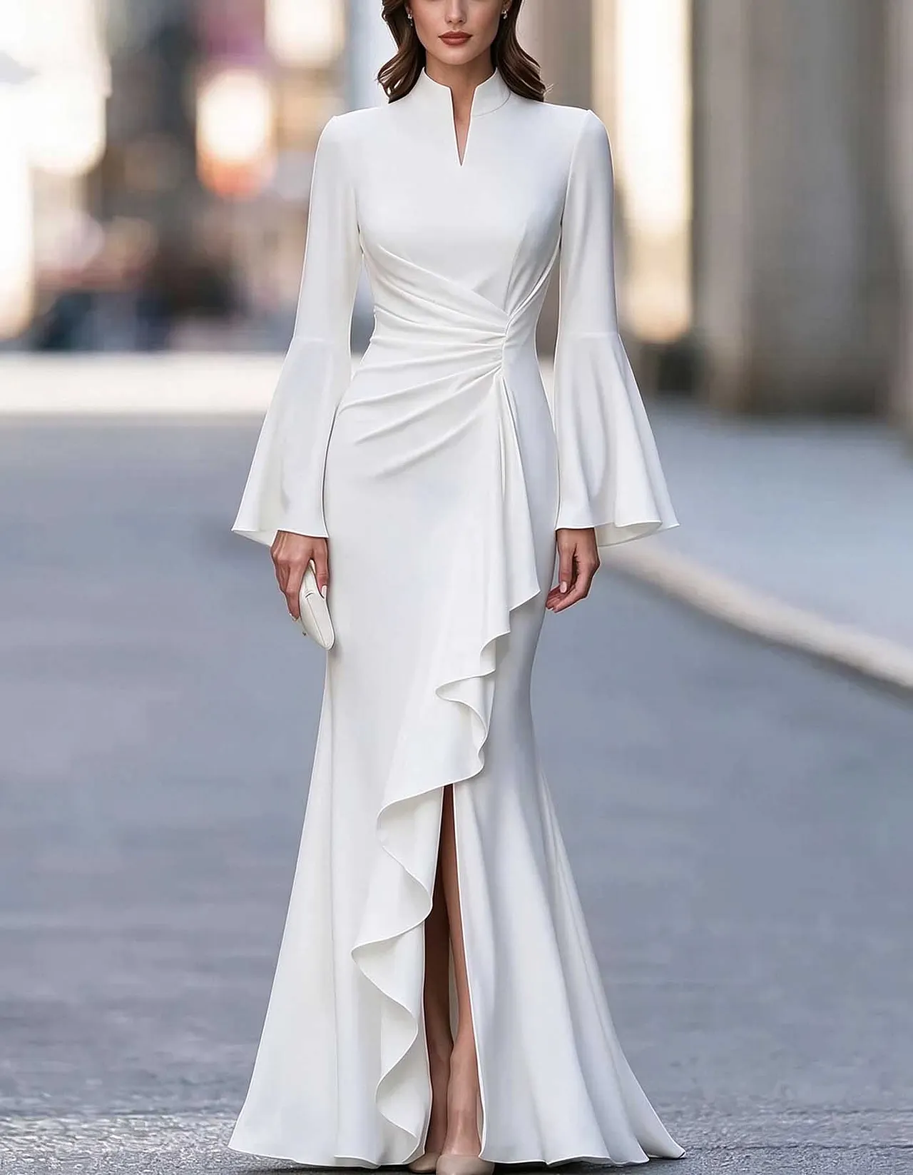 High Neck Flare Sleeve Ruffled Slit Mermaid Maxi Dress