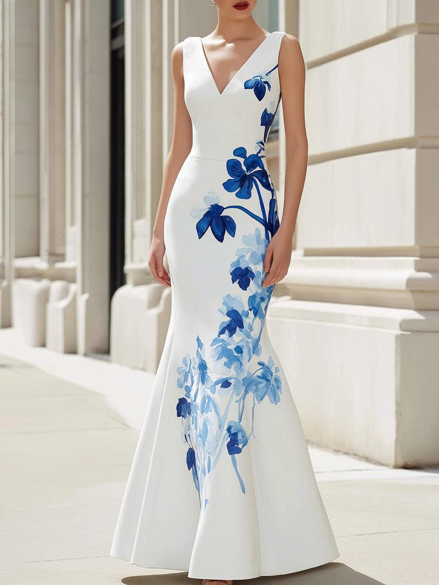 White Elegant V-Neck Sleeveless Floral Mermaid Maxi Dress