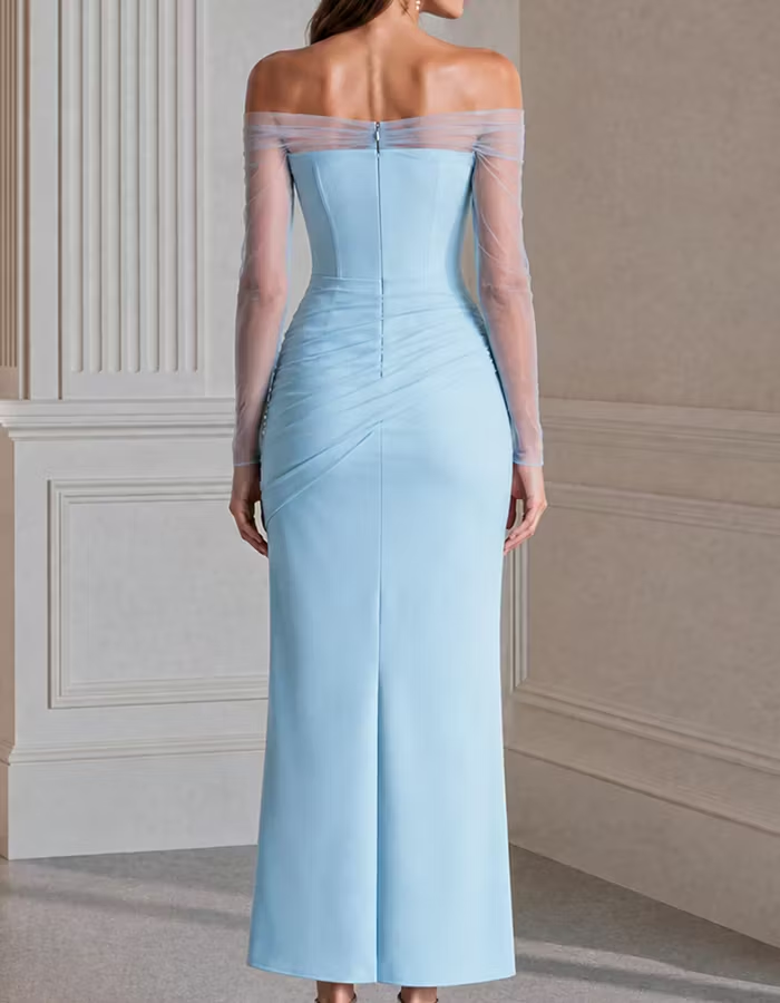 Light Blue Off Shoulder Sheer Mesh Sleeve Ruched Midi Dress