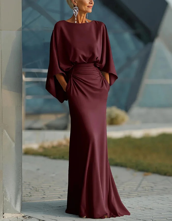 Solid Color Satin Round Neck Maxi Dress