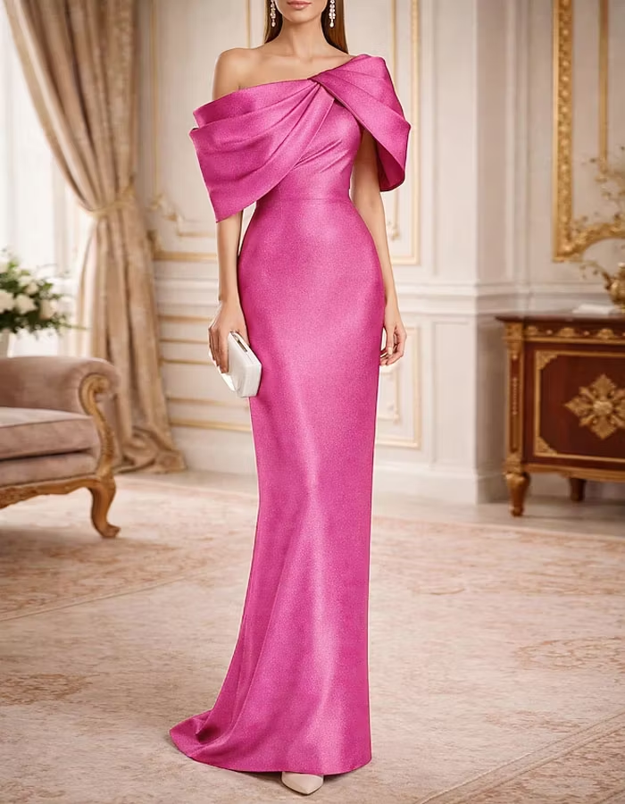 Solid Color Metallic Satin Off Shoulder Maxi Dress