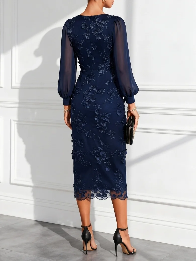 Purplish Blue 3D Floral Lace Square Neck Long Sleeve Balloon Sleeve Sheath Midi Dress