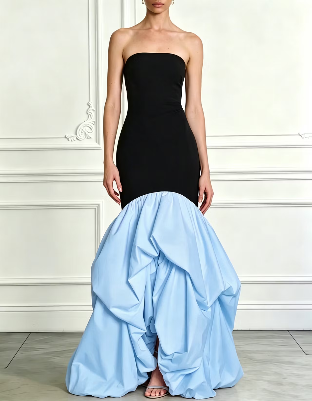 Strapless Two-Tone Stretch Blend Ruffle Mermaid Maxi Formal Dress