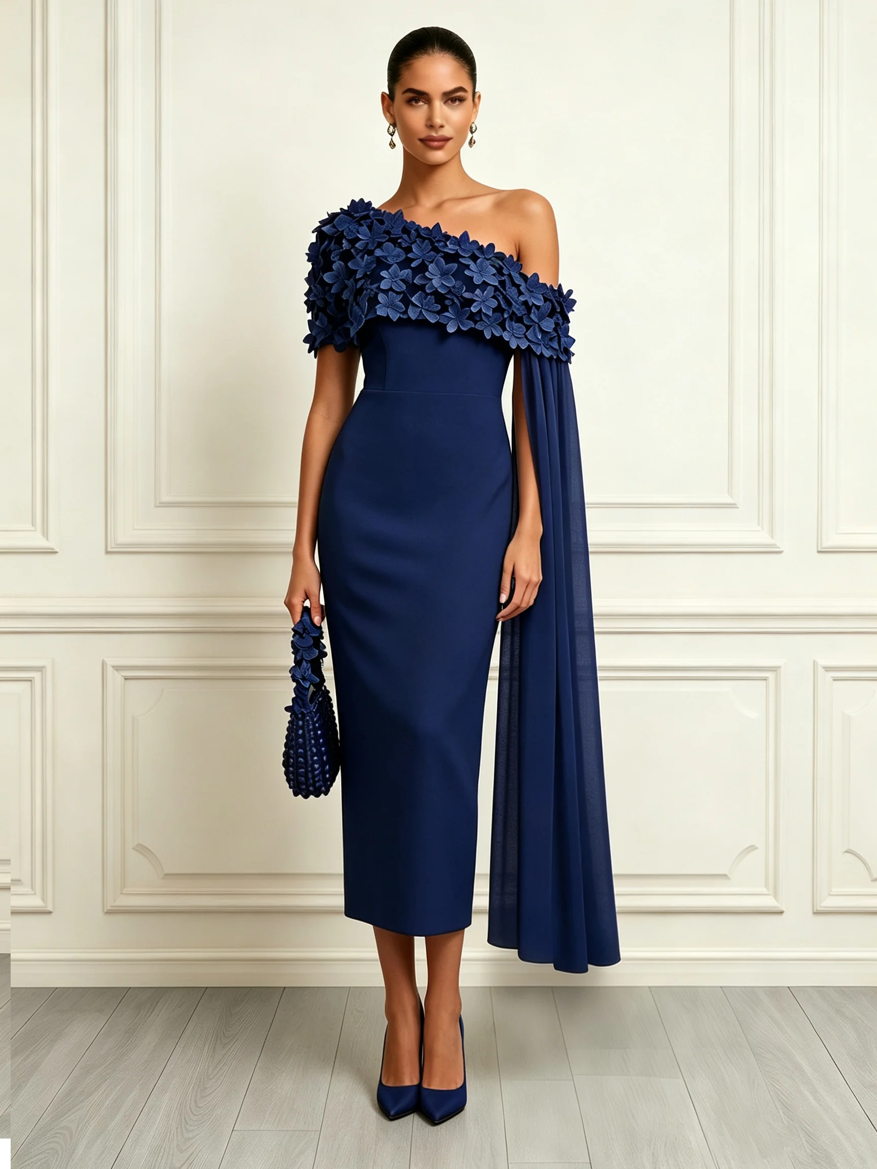 Navy Blue 3D Floral Classic Asymmetrical Short Sleeve Sheath Midi Dress