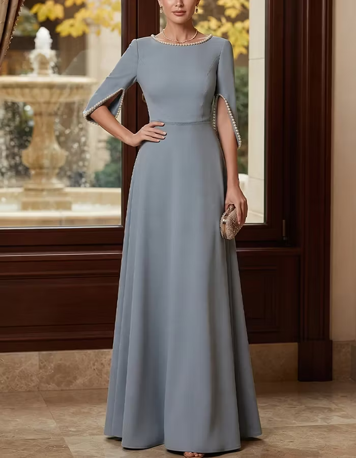 Dusty Blue Bateau Neck Pearl Trim Split Sleeve A‑Line Maxi Dress