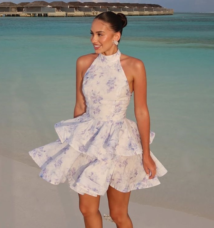 Lavender Ditsy Floral High Halter Neck Flowy Tiered Vacation Mini Dress