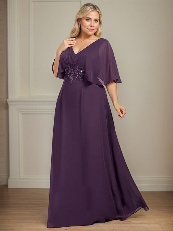 A-Line V-Neck Floor-Length Chiffon Mother of the Bride Dress With Appliques Pleated