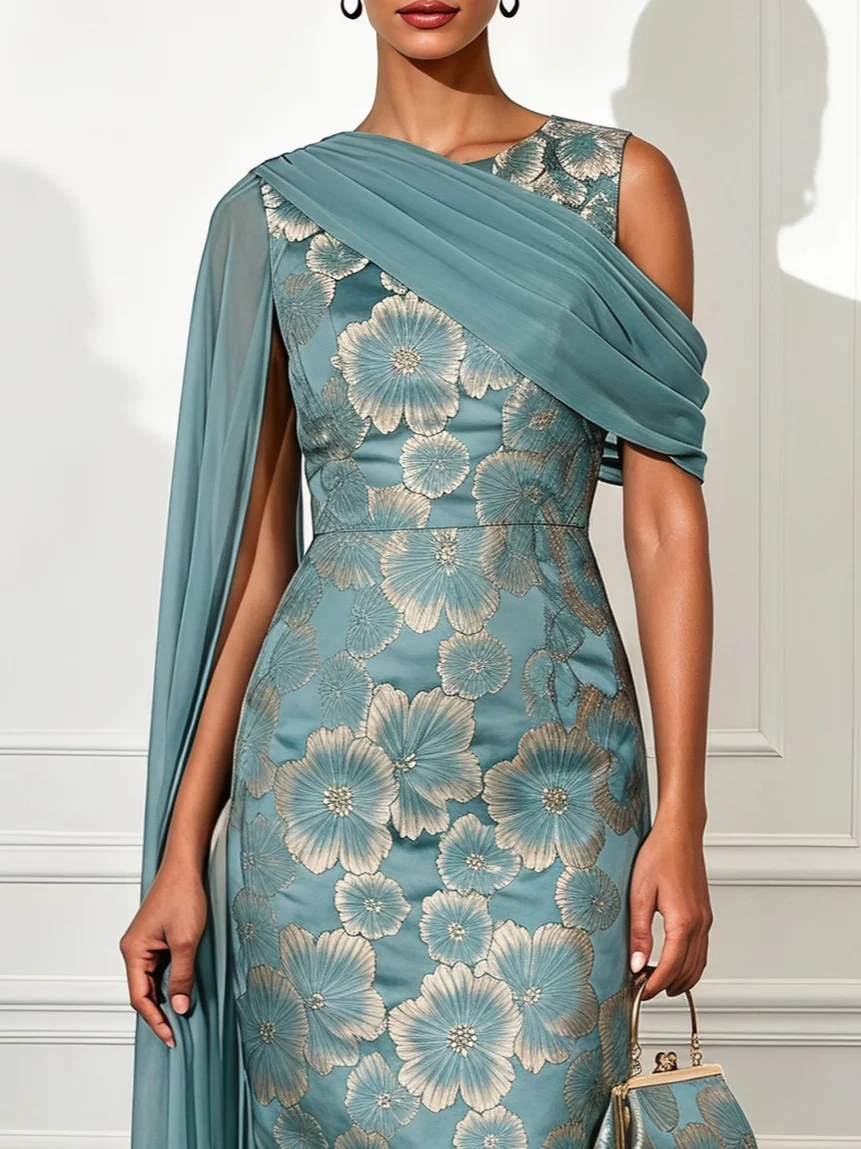 Cyan Jacquard Classic Crew Neck Sleeveless Mermaid Maxi Dress