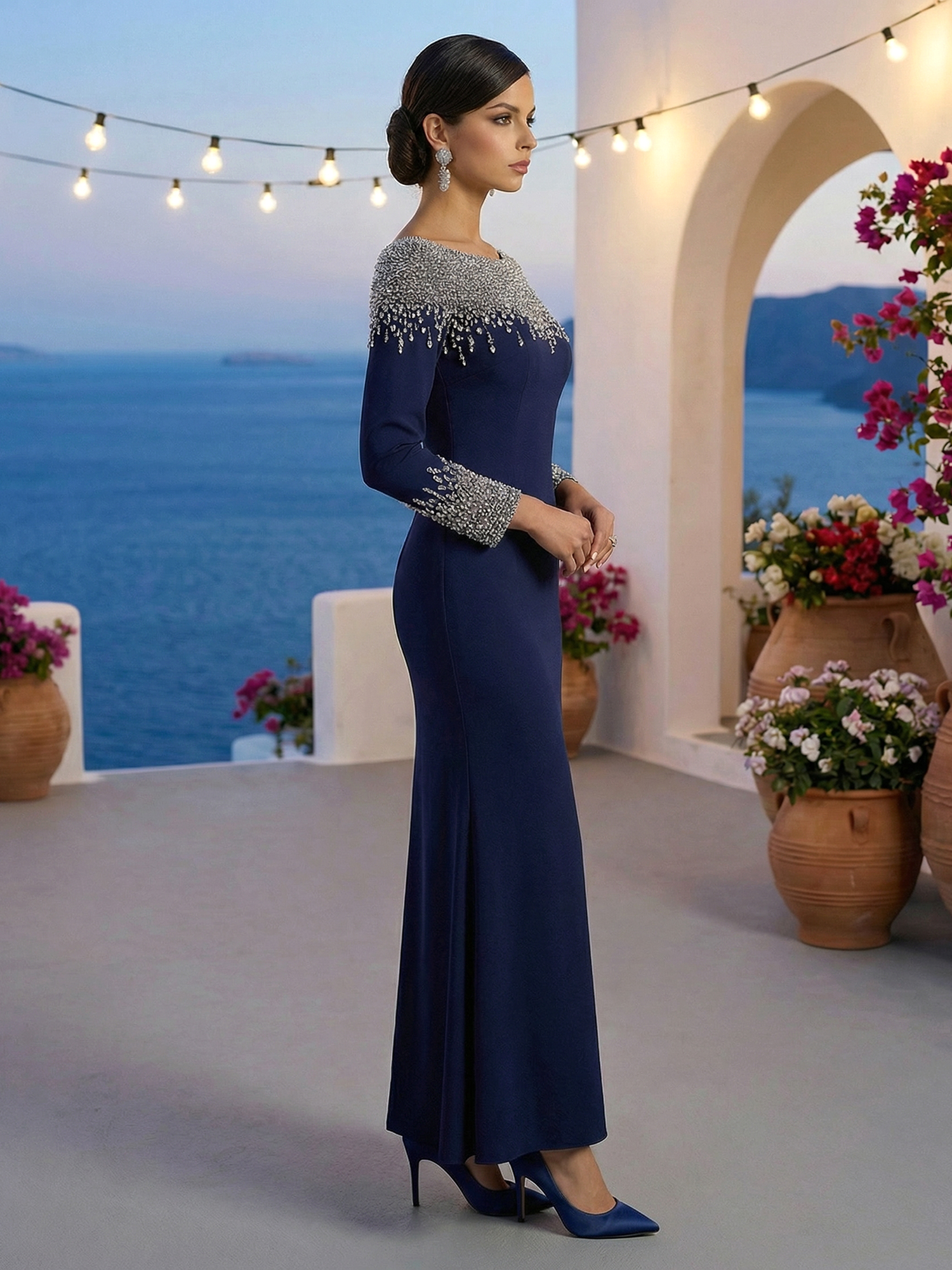 Elegant Dress Navy Boat Neck Rhinestone Maxi Dress Mother of the Bride Dress