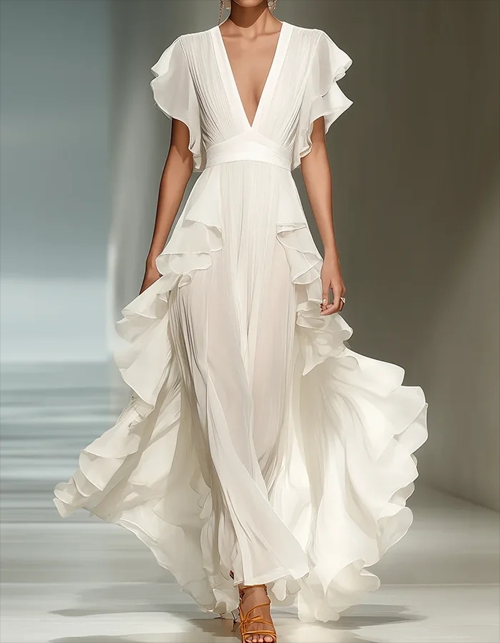 White Chiffon Ruffle Pleated Maxi Dress